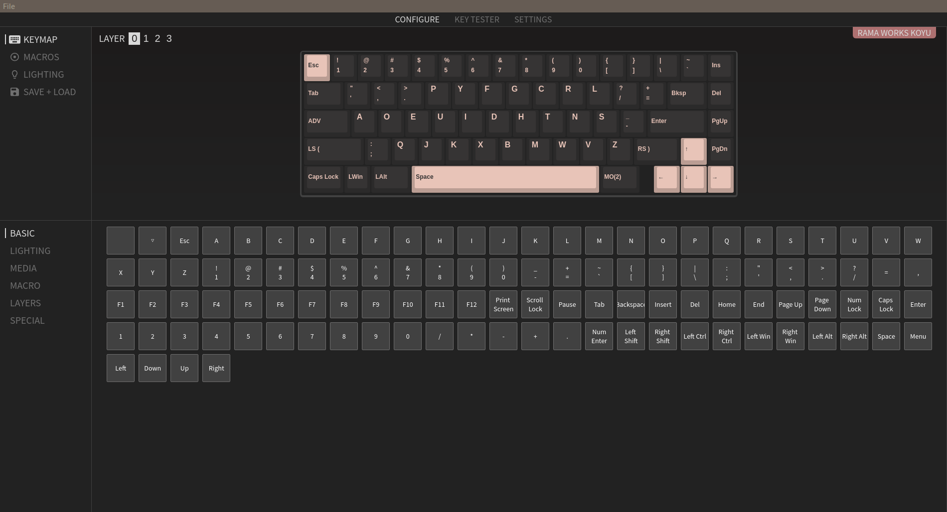 My personal Rama Works Koyu keyboard layout as seen in VIA(/photos/via.png)